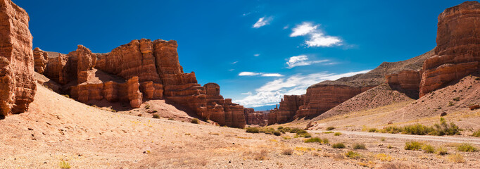 Charyn canyon under blue sky. Paleontology Park in Kazakhstan