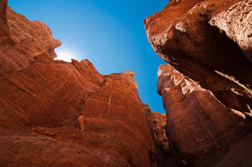 Rock formations at Charyn canyon under blue sky. Kazakhstan