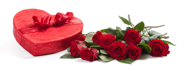 Valentine's gifts including a bouquet of roses and candy heart