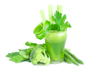 broccoli,pepper,celery and glass with celery juice isolated on w