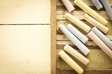 Colorful chalks on table