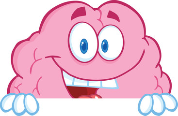 Smiling Brain Cartoon Character Over A Blank Sign