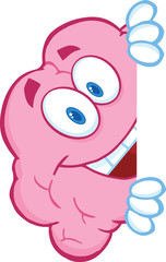Smiling Brain Character Hiding Behind A Sign