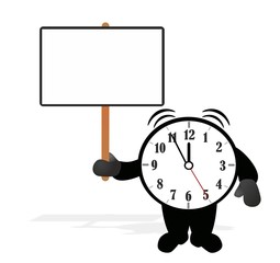 Cartoon clock holding blank board