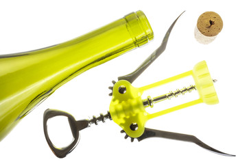 Empty wine bottle with corkscrew and cork