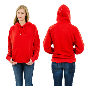 Female Wearing Blank Red Hoodie