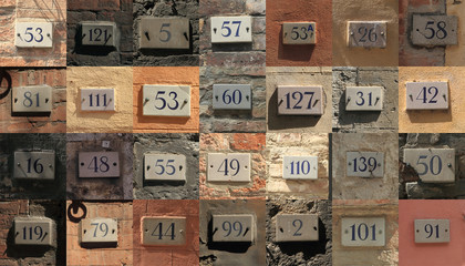Collage of weathered house numbers in Siena, Italy
