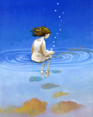 girl reading on the water surreal illustration - obrazy, fototapety, plakaty