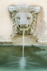Fototapeta na wymiar Falling water from lion head fountain