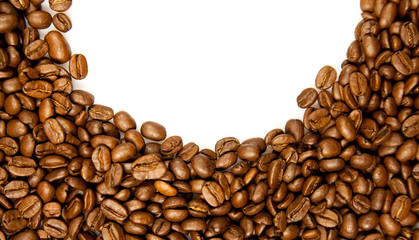 Coffee Border.  brown coffee beans isolated on white background.