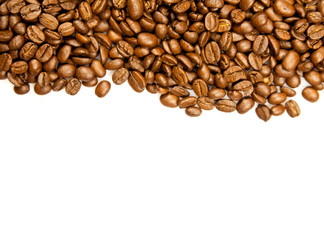 Coffee Border.  brown coffee beans isolated on white background.