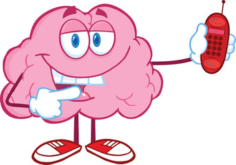 Happy Brain Character Holding A Mobile Phone