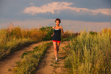 beautiful healthy runs young brunette woman athlete running outd