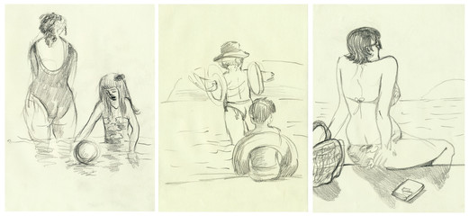 Afternoon at the swimming pool. An hand drawn illustrations