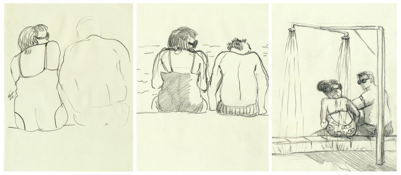 Afternoon at the swimming pool. An hand drawn illustrations