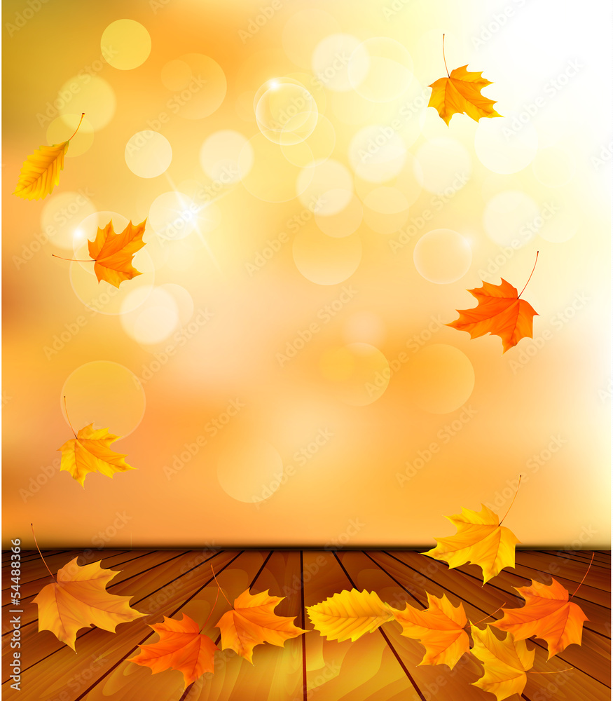 Poster Background with wooden floor and autumn leaves. Vector.