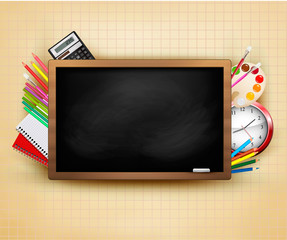 Back to school. Background with blackboard and school supplies.