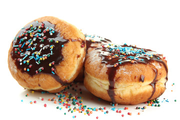 Tasty donuts with chocolate, isolated on white