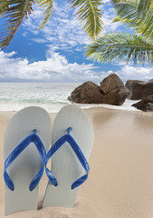 tongs sur plage paradisiaque des Seychelles