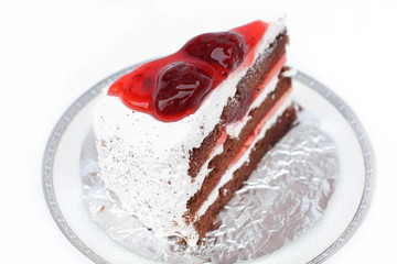 Strawberry cake on a white background.