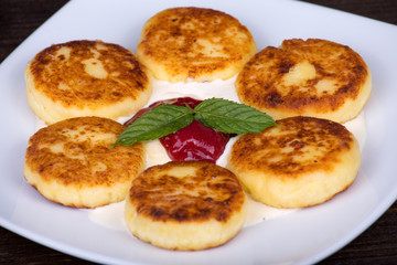 Delicious homemade cheese pancakes closeup