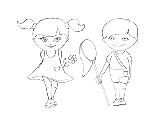 contour of boy and girl for coloring on white background