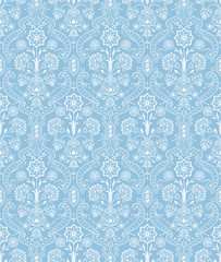 Vintage seamless pattern floral. White, blue
