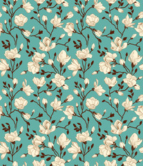 Seamless emerald pattern with a blossoming magnolia - obrazy, fototapety, plakaty
