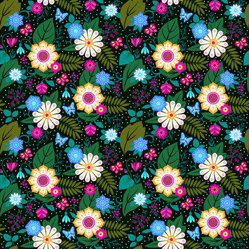 Dark seamless pattern with wild flowers
