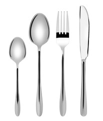 Shiny new cutlery set - spoon, fork and knife flatware, isolated