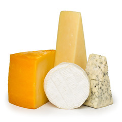 Assortment of different cheese types isolated on white