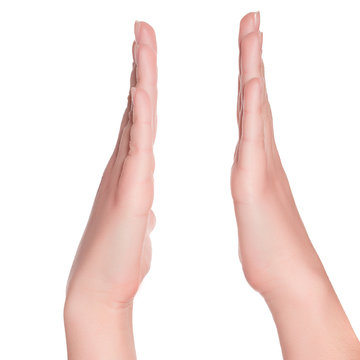 Woman hand on white background 