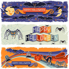 Happy Halloween grungy retro horizontal banners.