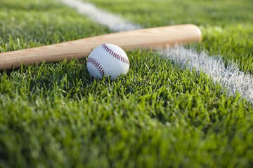 Baseball bat and ball on grass near field stripe