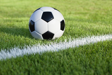 Fototapeta premium Soccer ball sits on grass field with white stripe