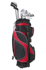 Papier Peint photo Golf Red and black golf bag with clubs isolated on white