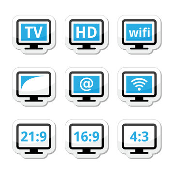 TV monitor, screen icons set