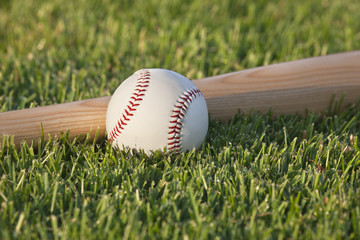 Obraz na płótnie Canvas Baseball and bat on grass field in the morning sunlight