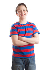 Fototapeta premium Teenage boy (Causian) waist up portrait, laughing