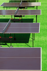 Several tennis tables on the green grass