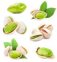 Collections of Pistachio nuts isolated on white background