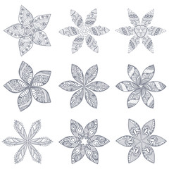 Fototapeta na wymiar Ornament, kaleidoscopic floral pattern. Set of nine flowers.