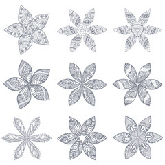 Ornament, kaleidoscopic floral pattern. Set of nine flowers.