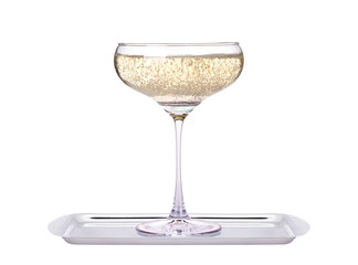 glass of champagne on a tray isolated