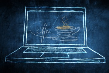 Sketch netbook computer screen concept with coffee break symbol