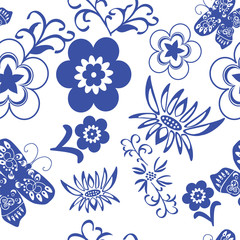 Fototapeta na wymiar blue flower sealess pattern on white background