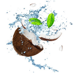 Coconut with splashing water