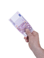 Hand hält 500 Euro Schein, isoliert auf weiß