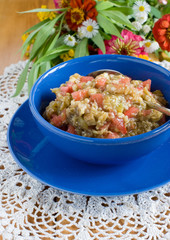 Salad of eggplant in a blue bowl