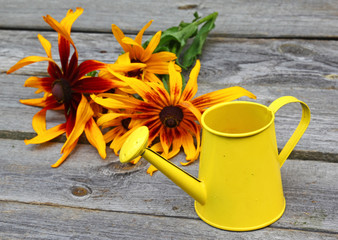 Summer still-life with yellow flowers (Rudbeckia) on a wooden ta